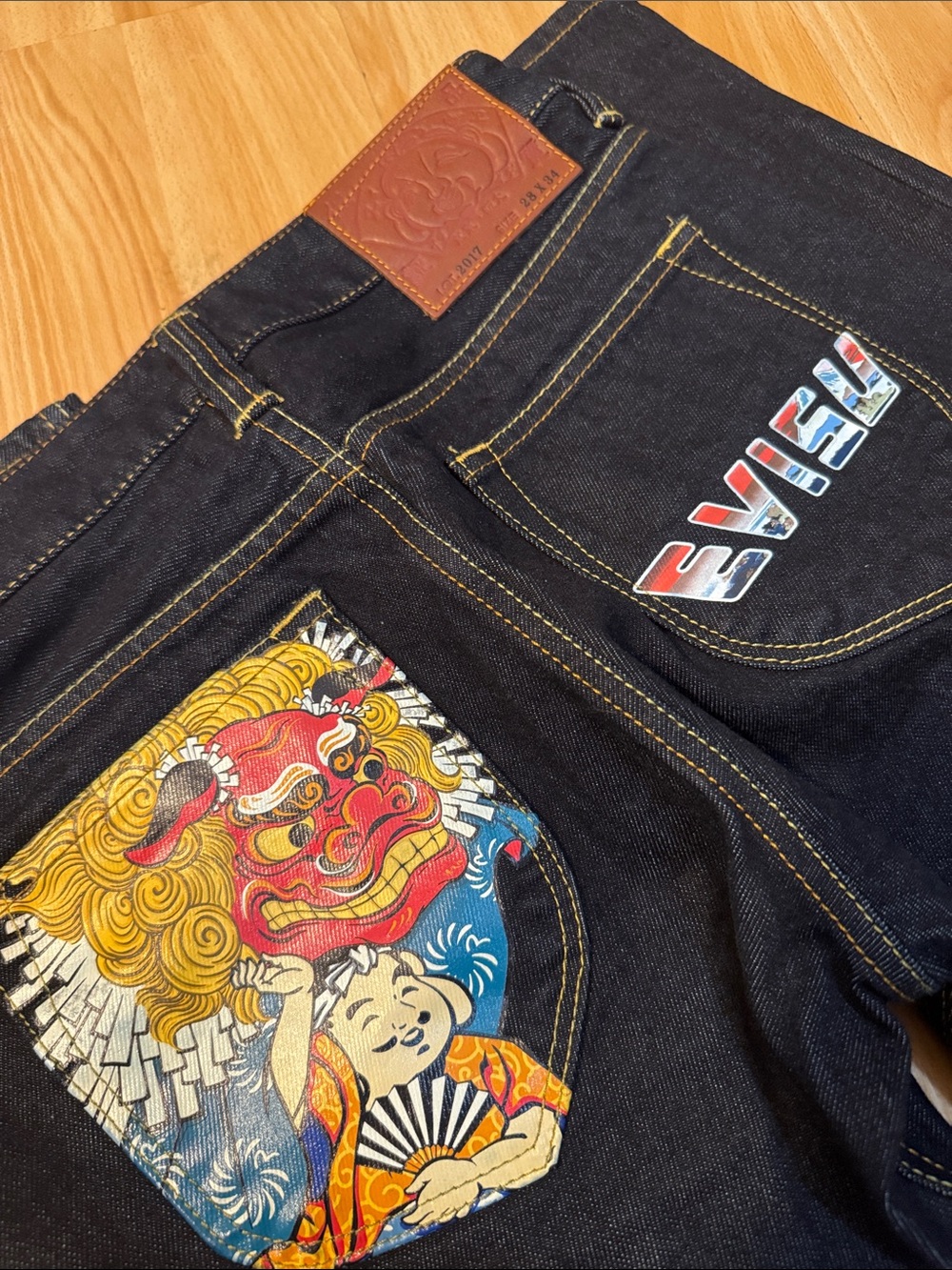 Evisu Men’s Dark Indigo Jeans with Colorful Embroidered Pocket